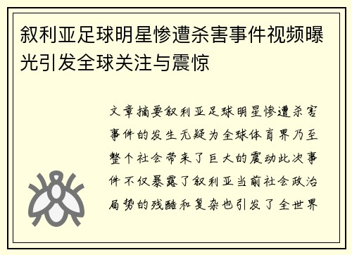 叙利亚足球明星惨遭杀害事件视频曝光引发全球关注与震惊